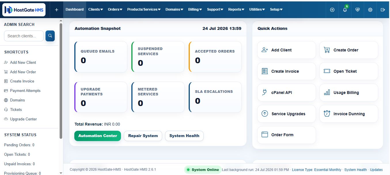 Automation snapshot and quick actions