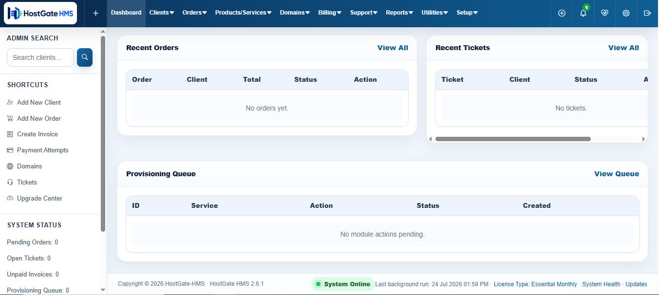 Orders, tickets and provisioning queue