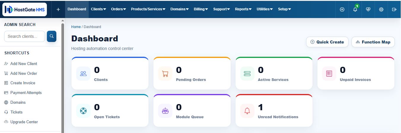 Main administration dashboard